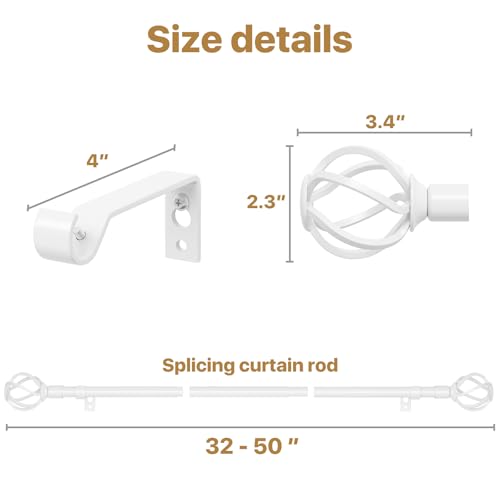 Adjustable White Curtain Rod 32-50 Inch with Twisted Cage Finials
