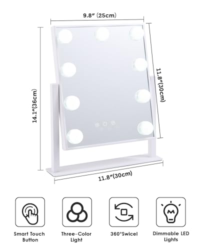 White Lighted Makeup Mirror with 9 LED Bulbs, 14.1"L x 11.8"W Vanity Mirror with Touch Control