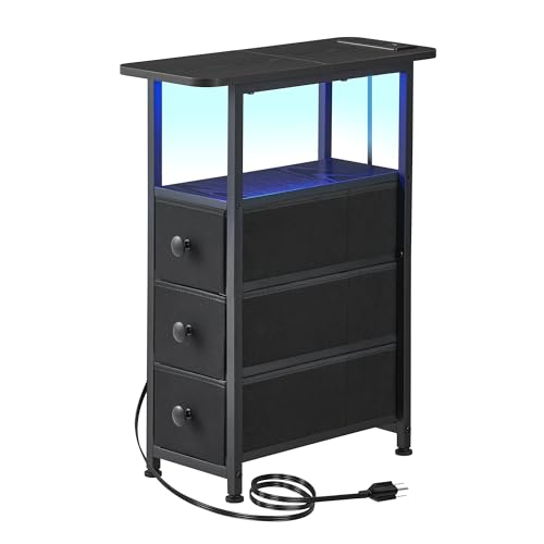 Narrow End Table with Charging Station, 2 Drawers and Smart LED Light