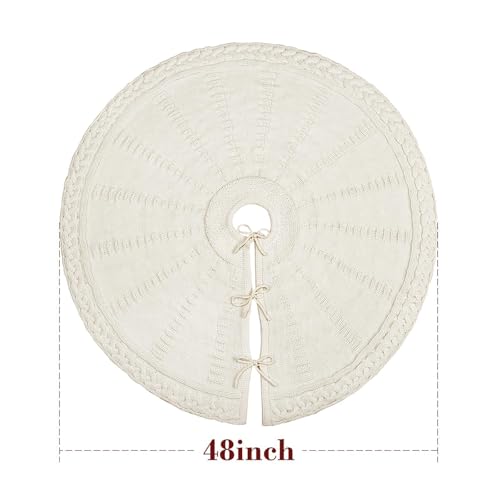 48 Inch Cable Knit Christmas Tree Skirt - Cream White Rustic Farmhouse Decor