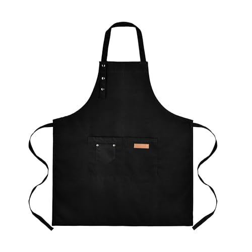 Adjustable Cotton Linen Bib Apron with Pockets for Cooking and Painting