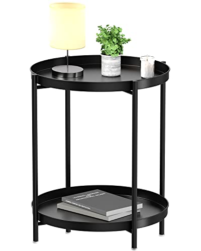 2-Tier Round Metal End Table with Removable Tray, Waterproof Side Table