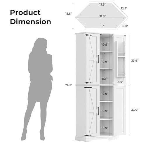 72-Inch Farmhouse Corner Pantry Cabinet with 6-Tier Adjustable Shelving