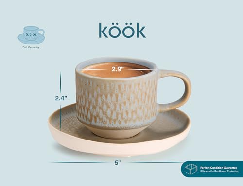KooK 5.5 Oz Espresso Mug & Saucer Set - Ceramic, Rustic Organic Shape, Multicolor, Dishwasher & Microwave Safe