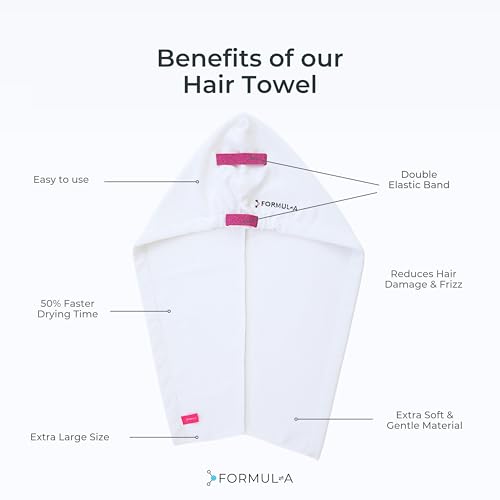 FORMUL-A Microfiber Hair Towel Wrap Anti-Frizz White/Pink Straps - Fast Dry & Gentle