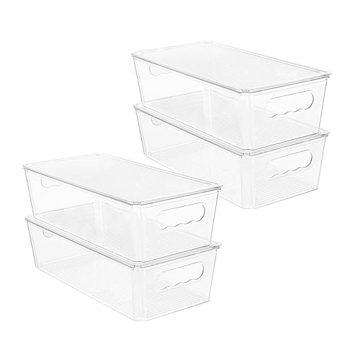 Vtopmart 4pcs Clear Organizers and Storage Bins with Lids, Stackable Plastic Storage Containers with Handles for Fridge, Freezer, Pantry, Cabinet, Kitchen Organization