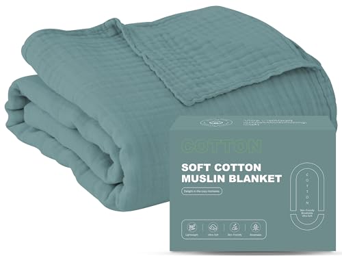 4-Layer Muslin Bed Blanket - Soft 100% Cotton, Green 55x80in