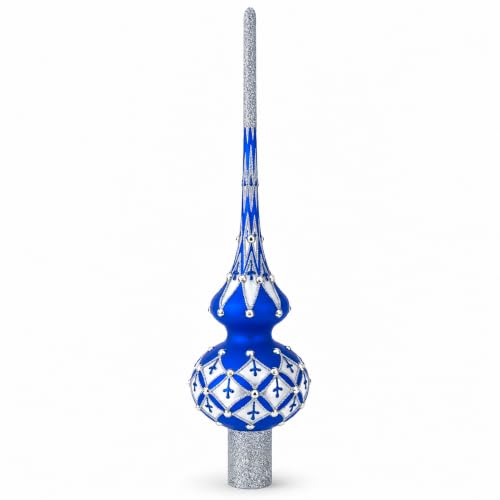 Silver Diamonds on Blue Glass Christmas Tree Topper 11 Inches – Hand-Painted