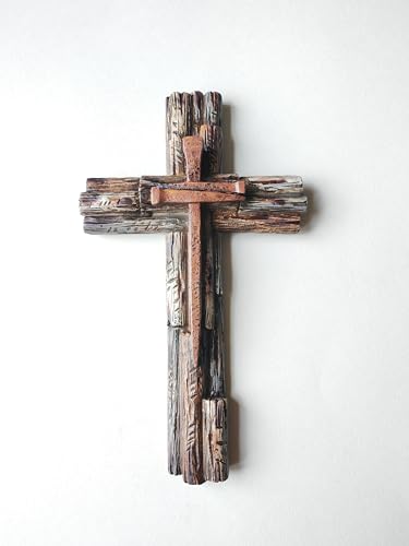 Rustic Layered Wood-Look Resin Wall Cross with Faux Iron Nail Accents