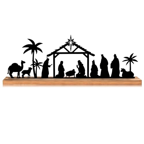 Metal Nativity Scene Tabletop Decoration with Wooden Base