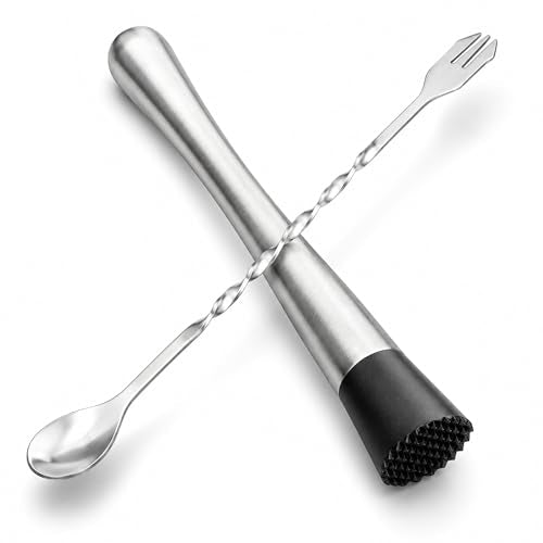 10 Inch Stainless Steel Cocktail Muddler & Bar Spoon Set - Home Bar Tools