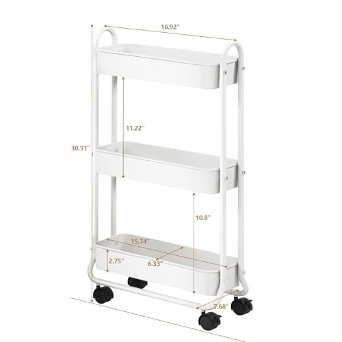 Slim 3-Tier Rolling Storage Cart - Narrow Steel Utility Organizer, White