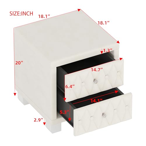 Velvet Upholstered Nightstand with 2 Drawers and Crystal Handles, Beige