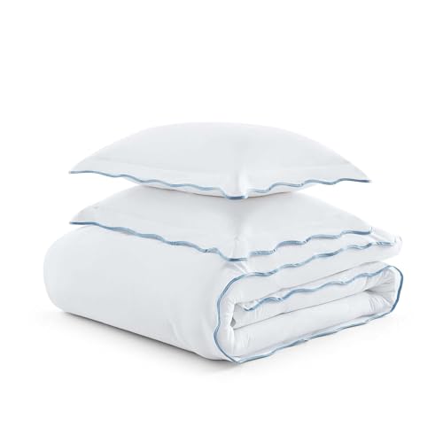 Queen Duvet Cover Set 100% Cotton Percale Reversible Bedding - Scallop Blue