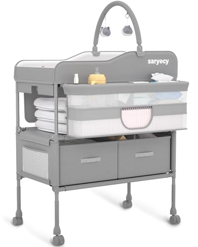 Portable Baby Changing Table with Storage, Adjustable Height Folding Station