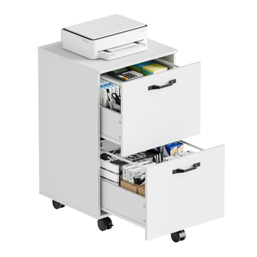 2-Drawer Mobile Storage Cabinet, Rolling Under Desk Printer Stand - White