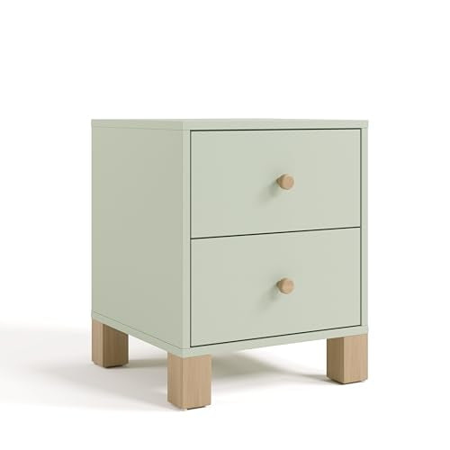 2-Drawer Wooden Nightstand for Kids Bedroom, Sage and Driftwood Finish