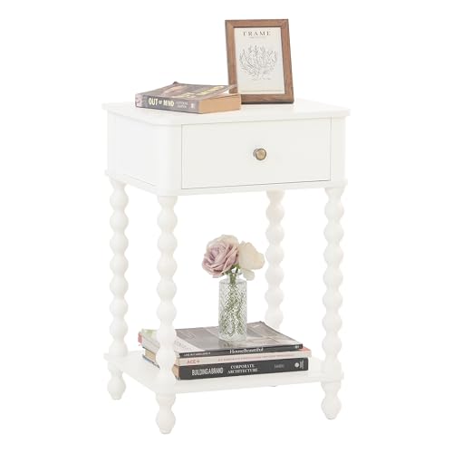 Small White Nightstand with Drawer & Spindle Wood Legs - Farmhouse End Table