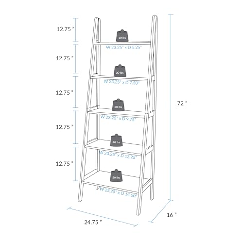 5-Shelf Solid Wood Ladder Bookcase, 72-Inch Tall Two-Tone Display Storage