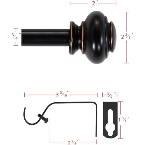 H.VERSAILTEX Curtain Rods for Windows 16.2 to 43.8 Inches 3/4 inch Diameter Adjustable Decorative Telescoping Curtain Rod with Brackets Heavy Duty Splicing Window Rods with Classic Finials, Black