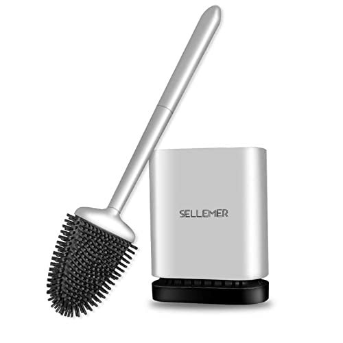 Silicone Toilet Brush and Holder Set - Flat Flexible Head, Rustproof Handle