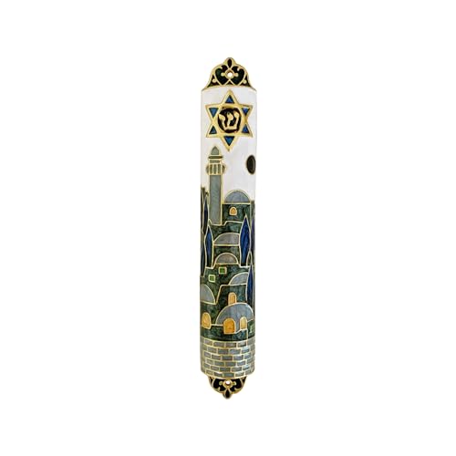Hand-Painted Enamel Mezuzah Case with Star of David and Jerusalem Motifs