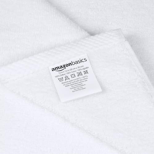 Amazon Basics Cotton Washcloths 12-Pack, White 12x12 Inch Quick-Dry Face Towels