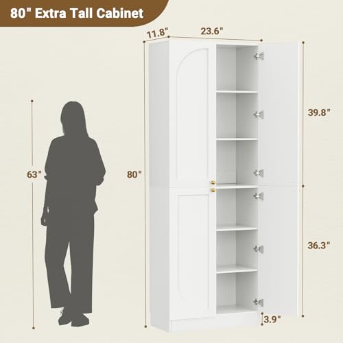 80" Tall Arch Kitchen Pantry Cabinet with 4 Soft-Close Doors & Shelves