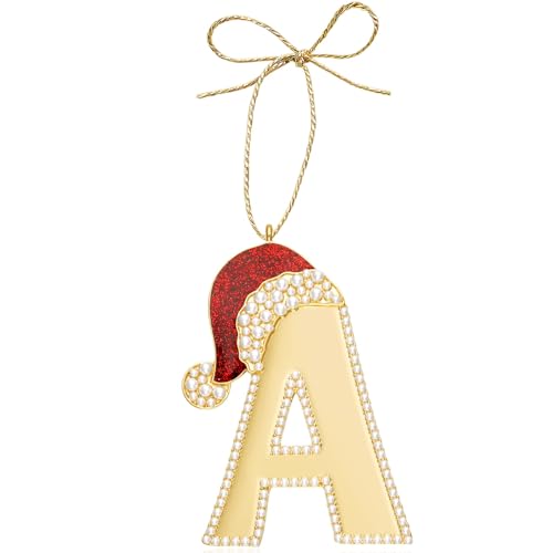 Personalized Initial Christmas Ornament with Red Hat Hanging Letter Decor