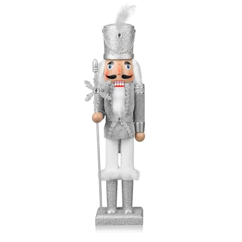 15-Inch Wooden Christmas Soldier Nutcracker Figurine, Silver Holiday Decor