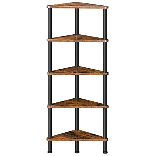 5-Tier Industrial Corner Bookshelf, Rustic Brown Metal Storage Display Stand