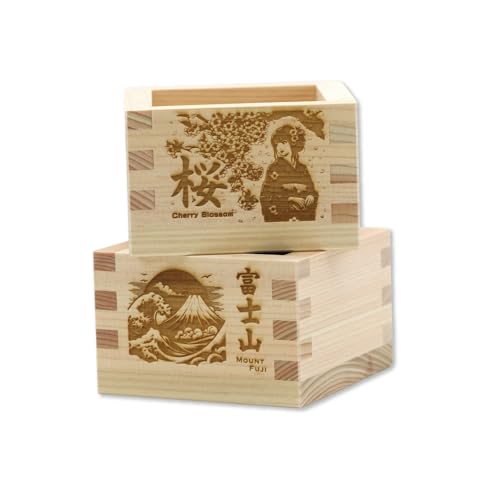 Japanese Cypress Wooden Sake Cups Set of 2 with Cherry Blossoms & Fuji Mountain - Made in Japan