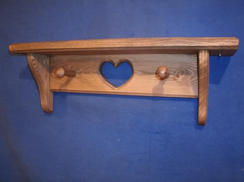 16-Inch Rustic Wooden Wall Shelf with Heart and Pegs, Walnut Stained