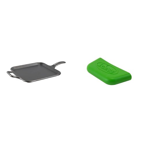 Lodge BOLD 12 Inch Seasoned Cast Iron Square Griddle + Lodge BOLD Silicone Assist Handle Holder - Fresh Green