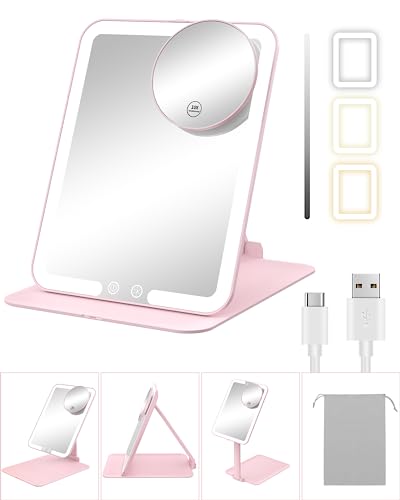 Gospire Travel Makeup Mirror with Lights and Magnification 10X, Pink