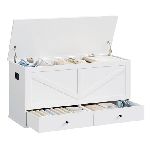 Farmhouse Storage Bench with 2 Fabric Drawers and Safety Hinged Lid