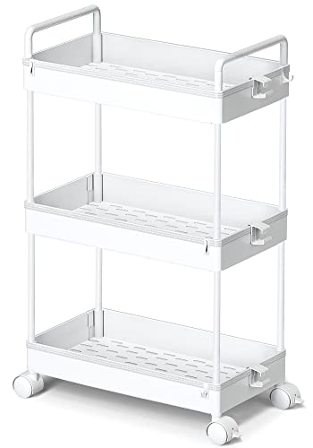 3-Tier Slim Rolling Storage Cart with Wheels - Narrow Utility Organizer, White