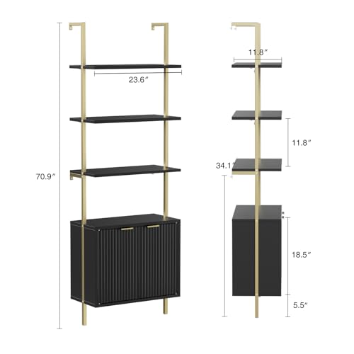 71-Inch Ladder Bookshelf with Storage Cabinet, Wall-Mounted Display Shelf