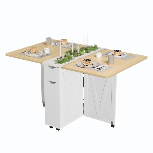 Folding Dining Table with Storage, Compact Kitchen Table on Wheels