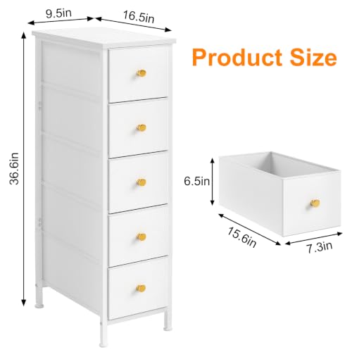 Fixwal White Narrow Storage Cabinet with 5 Fabric Drawers, 16.5"D x 9.5"W x 36.6"H Slim Dresser