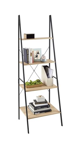 4-Tier Ladder Bookshelf, Modern Wood and Metal Leaning Display Shelf