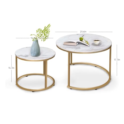 2-Piece Round Nesting Coffee Table Set with White Marble Pattern & Gold Frame