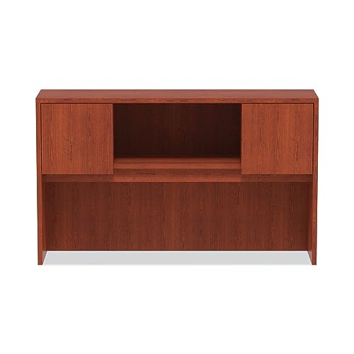 Woodgrain Laminate Desk Hutch with Doors, 59-Inch Wide, Medium Cherry