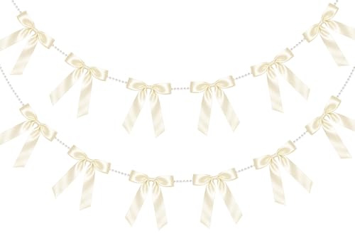 Pre-Strung White Satin Bow Garland Banner with Pearl Chain - 2 Strings
