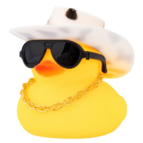 Wonuu Z-black Spots White Cowboy Hat Rubber Duck Car Ornament with Propeller Helmet