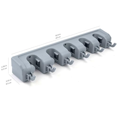 Heavy Duty Wall Mount Broom and Mop Holder with 6 Hooks and 5 Slots