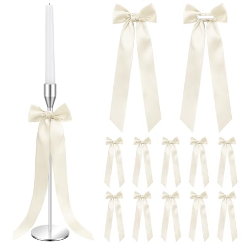 12 Pcs Ivory Candlestick Ribbon Bows - 13 Inch Self-Adhesive Pre-Tied Decor
