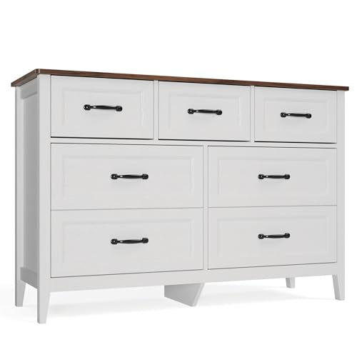 6 and 7 Drawer Bedroom Dresser Set, White Wood Chest with Rustic Top