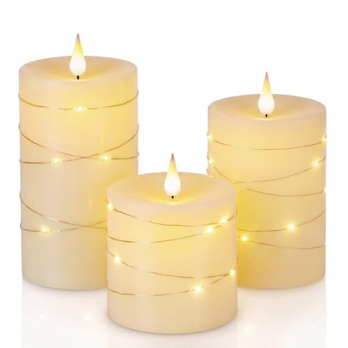 Homemory Ivory Flameless Candles with 3D Wicks & String Lights (Set of 3) Remote, Timer, 2.9/3.5/4.5in