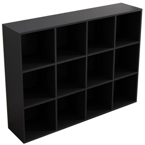 12-Cube Storage Bookcase, 3x4 Wooden Open Shelf Unit for Bins, Black